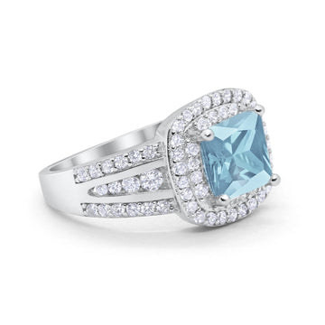 Halo Art Deco Wedding Ring Princess Cut Round Simulated Aquamarine CZ 925 Sterling Silver